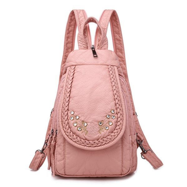 Sac à dos en cuir PU rose avec pierre strass