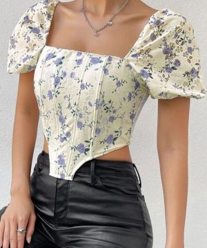 corset-bustier-jaune-fleurs-bleues.jpg Corset Bustier Jaune à Fleurs Bleues